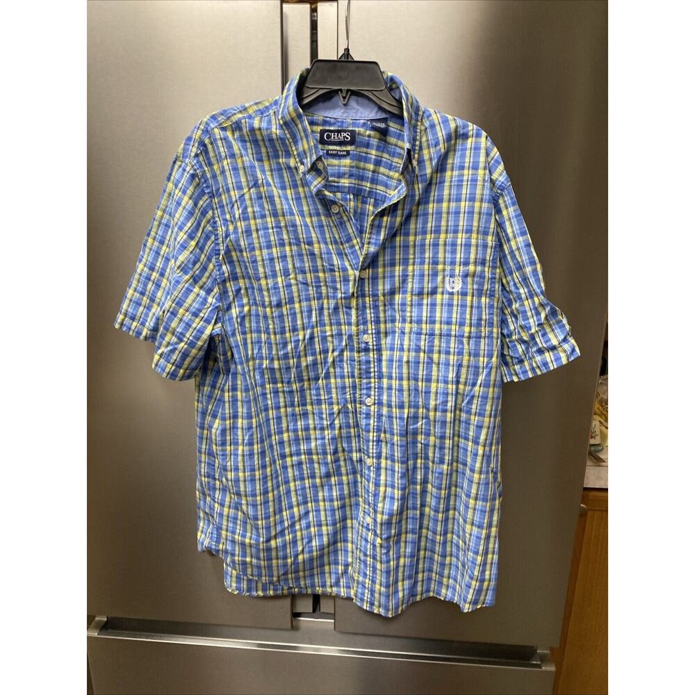 Chaps Short Sleeve Button Down Easy Care Shirt Blue/Yellow Plaid Logo Sz XL